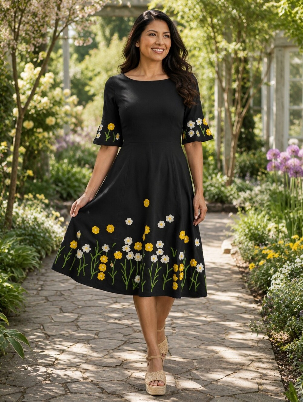 Wayward Fancies eShakti Embroidered Daisy Fit & Flare Dress L 12